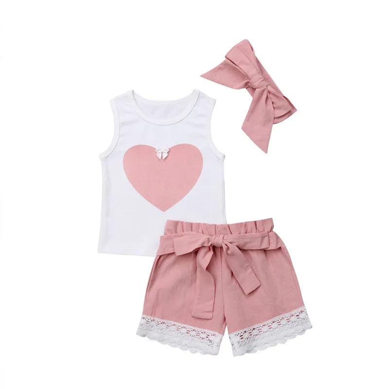 

Toddler Newborn Baby Girl clothes Heart print round neck sleeveless pullover Tops Geometry shorts Bow Headband 3Pc cotton Outfit