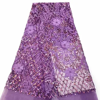

Latest embroidered beaded 3D lace fabric purple African sequins lace fabric 2019 high quality french tulle lace applique flowers
