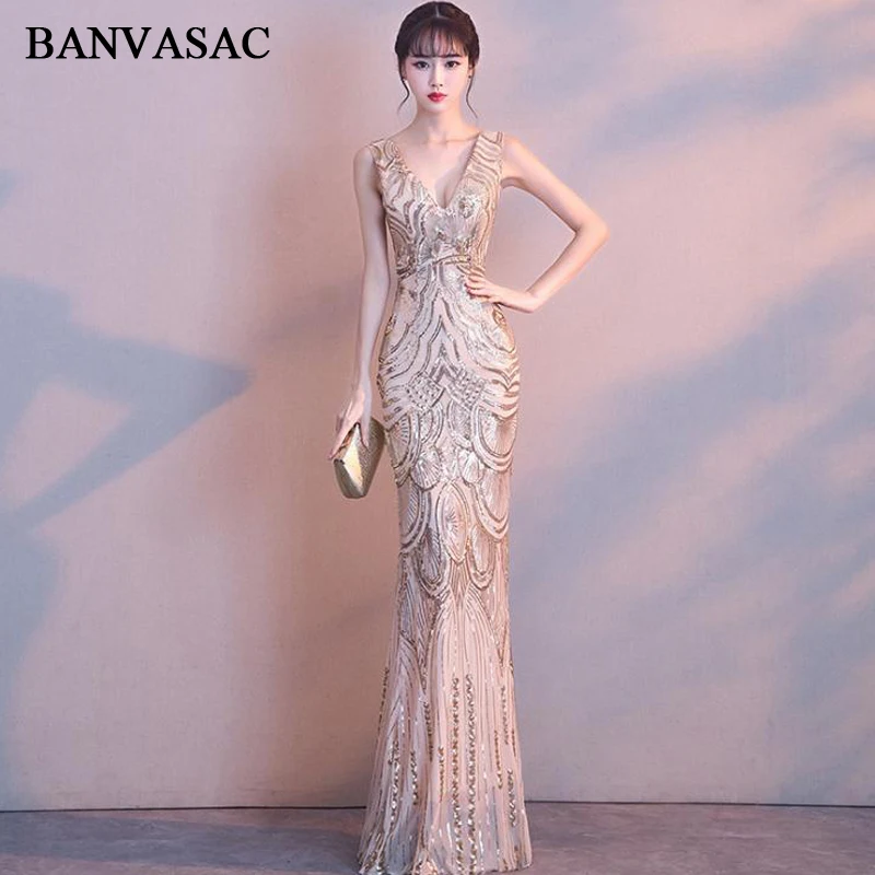 BANVASAC Sexy Deep V Neck 2019 Sequined Mermaid Long Evening Dresses Elegant Party Tank Zipper Backless Prom Gowns