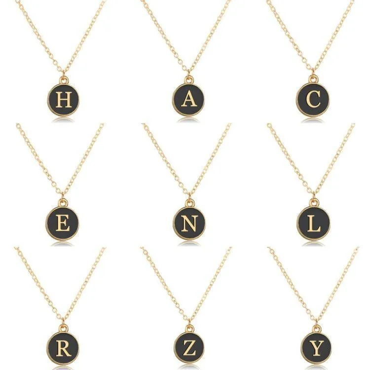 

2019 Trendy Lettering A-Z Gold Letters Necklace Double Side Black Round Pendant Private Custom Made Necklaces&Pendants Gifts