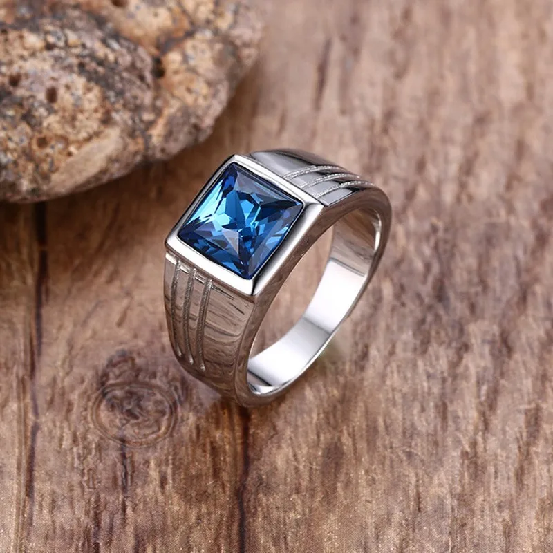 

Stylish Men Signet Rings Stainless Steel Statement Ring with Rectangle Blue Stone anel masculino