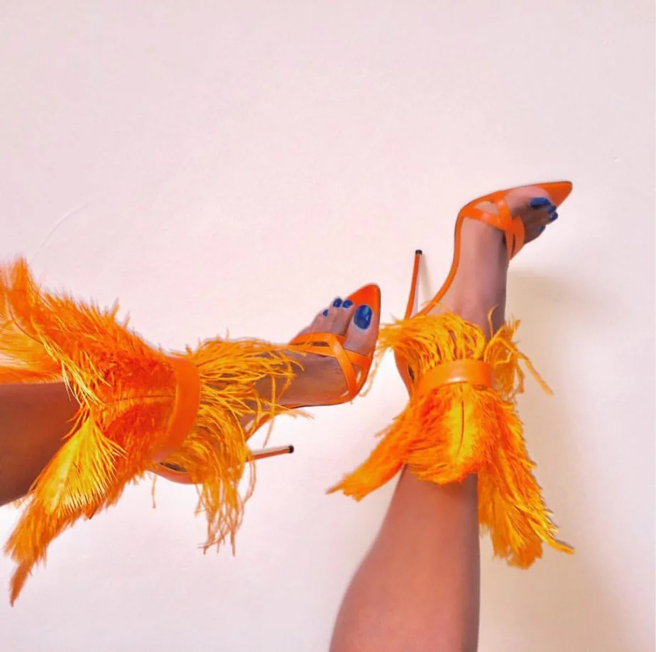 

2019 New Feather Studded Woman Sandals Stilettos Shoes Summer Summer in Pointed toe Super High Heel Sexy Ankle Lace up