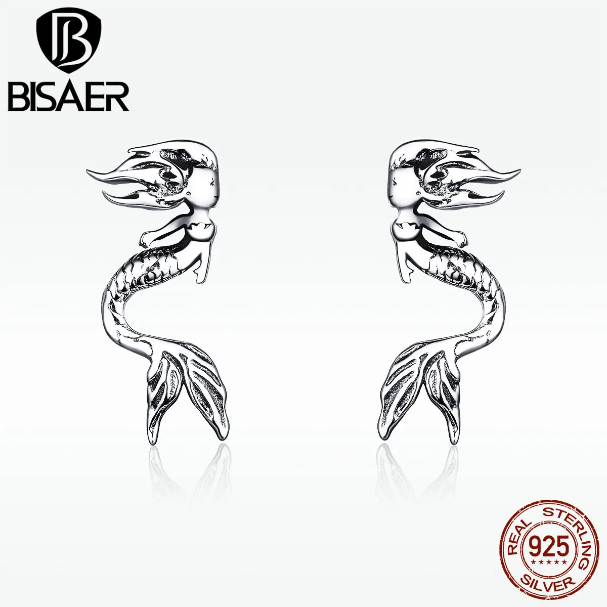 

BISAER Ocean Jewelry 925 Sterling Silver Mysterious Mermaid Stud Earrings For Women Wedding Party Silver Jewelry Brincos HSE588