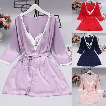 

HIRIGIN Women‘s Lace Satin Robe Kimono Dressing Gown V Neck Wedding Party Bandage Bridesmaid