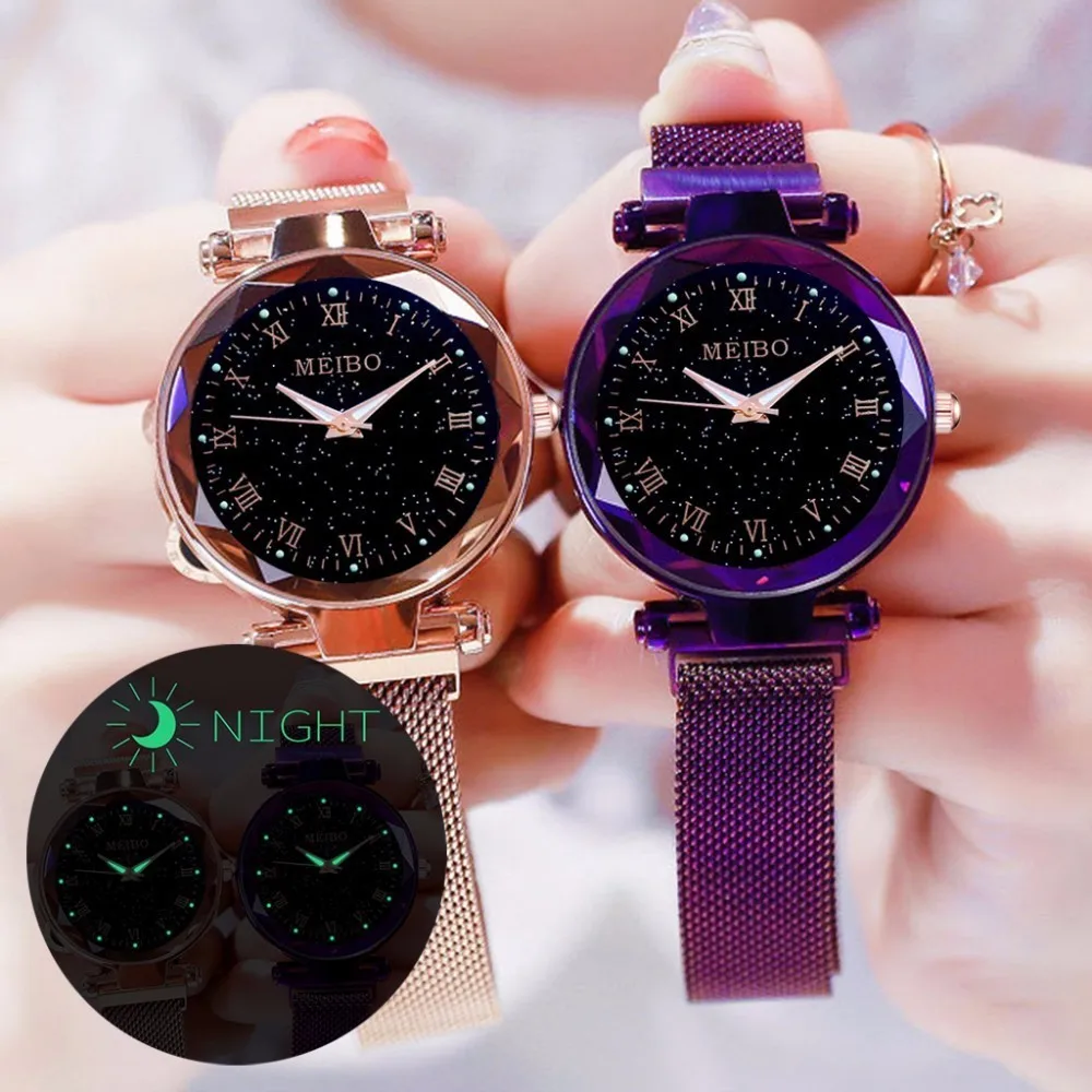 Women Mesh Magnet Buckle Starry Sky Watch Luxury Ladies Geometric Surface Roman Dial Quartz Relogio Feminino|Женские часы| |