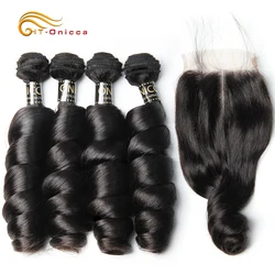 Onicca Brazilian Loose Wave Bundles With Closure Human Hair 3 4 Bundles With Lace Closure Remy Hair Bundles With Closure Onicca Brazilian Loose Wave Bundles With Closure Human Hair 3 4 Bundles With Lace Closure Remy Hair Bundles With Closure