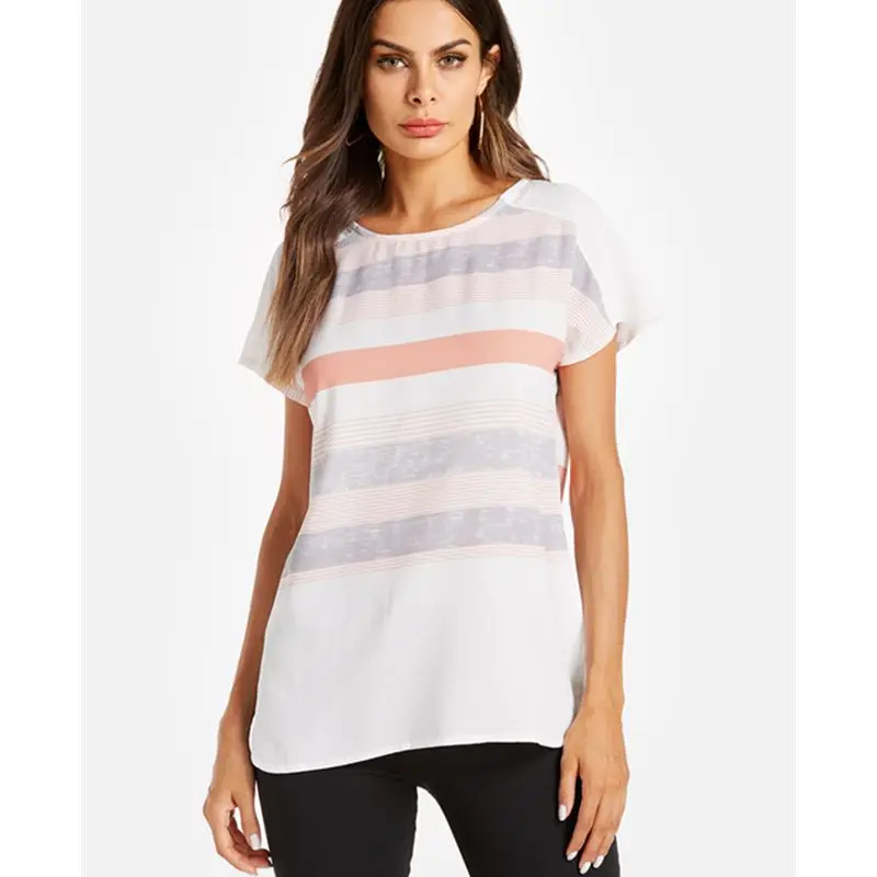 

Women T-Shirts 2019 ZANZEA Summer Casual Loose Pink Orange Stripe Pattern Stitching Short Sleeve Round Neck Tops Tees Plus Size