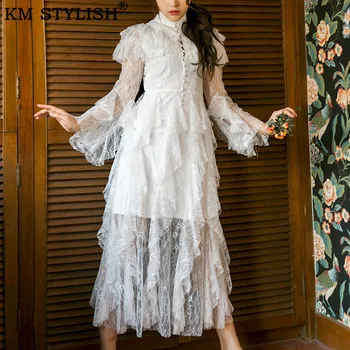 

2019 New French Vintage Ankle-Length Long Sleeve One-piece Dress Lace Stand Collar Slim Waist Fairy Lady White Ruffle Dress