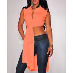 Women Solid Single Breasted Sleeveless Split Sexy Shirt Lapel Lace Up High Waist Irregular Long Blouses Women Solid Single Breasted Sleeveless Split Sexy Shirt Lapel Lace Up High Waist Irregular Long Blouses