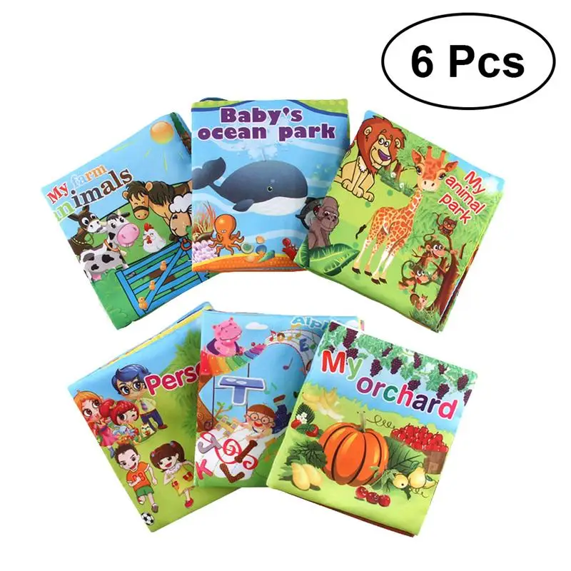 

6pcs Baby Cloth Book Non-Toxic Early Learning Educational Soft Fabric Book Reading Ocean & Animals & Vegetables & English