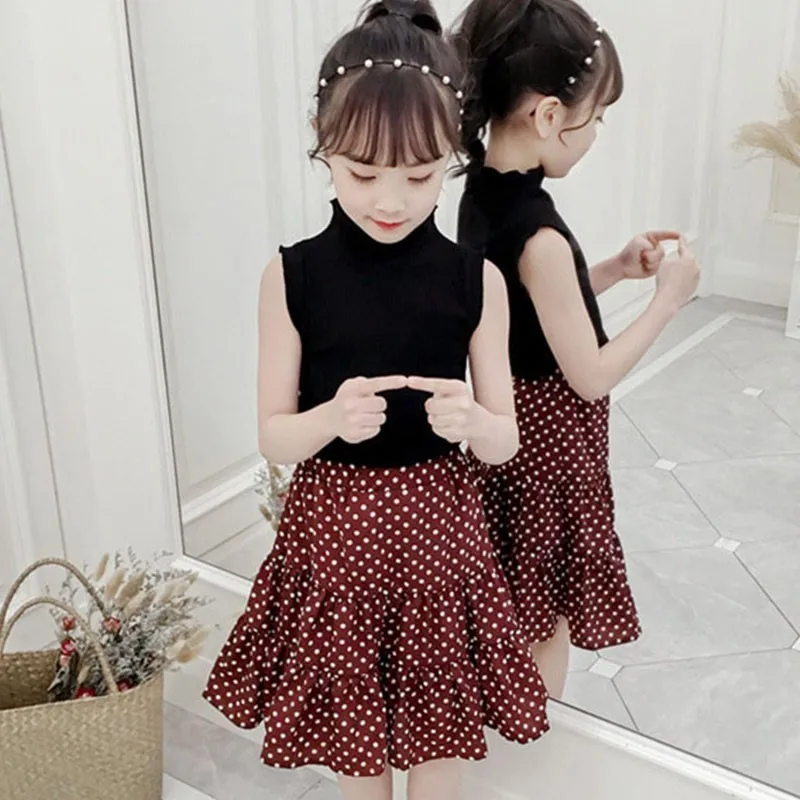 

Teenage Polka Dot Dress Girls Patchworkk Black Summer Clothes Girl Toddler Princess Dress 2019 New Arrive Sleeveless Clothing