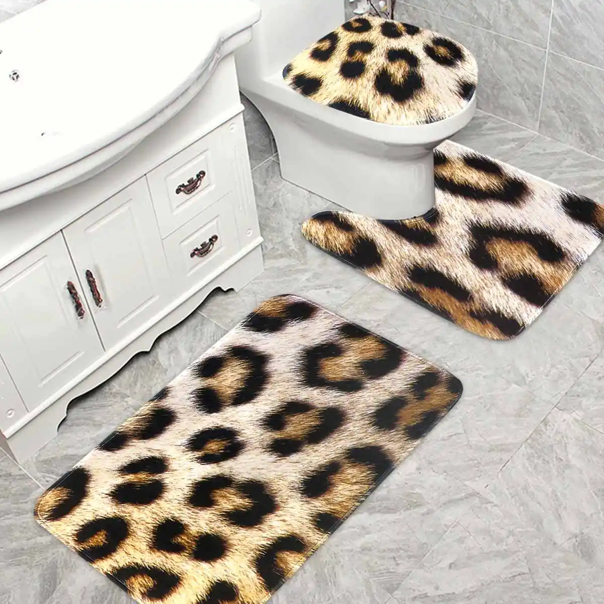 3pcs Polyester Leopard Print Bathroom Pedestal Toilet Seat Mat Lid