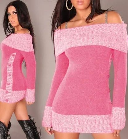 Women Button Decoration Sweaters Winter Retro Long Sweater Sexy Off Shoulder Pullover Tops Elegance Ladies Knitted Sweater
