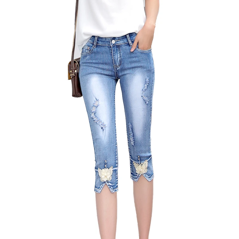 Summer Skinny Denim Capris Women Fashion Mid Waist Casual Ripped Hole Calf-Length Denim Pant Ladies Pencil Jeans Mujer 2020 Summer Skinny Denim Capris Women Fashion Mid Waist Casual Ripped Hole Calf-Length Denim Pant Ladies Pencil Jeans Mujer 2020