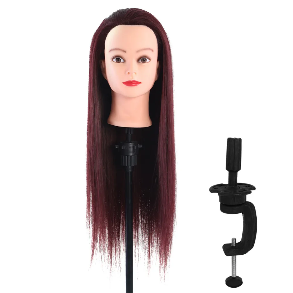 

60cm Wine Red Long Straight Hairdressing Practicing Training Model Mannequin Dummy Head 60cm Long Wig Hair Manikin+Clamp Holder