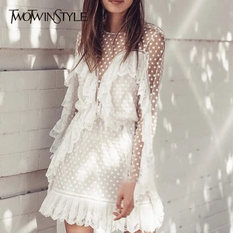 

TWOTWINSTYLE Patchwork Lace Dresses Female O Neck Long Sleeve High Waist Mini Dress For Women Spring 2019 Fashion Clothes New