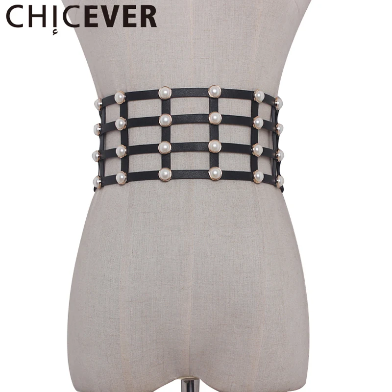 

CHICEVER PU Leather Pearl Female Belt Corset Black Elasitc Wide Belts For Women Dress Cummerbund Belts Fashion Clothes Accessory