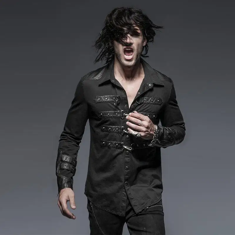 

Punk Rave Men's Goth Buckle Up Casual Shirt Black Y-634