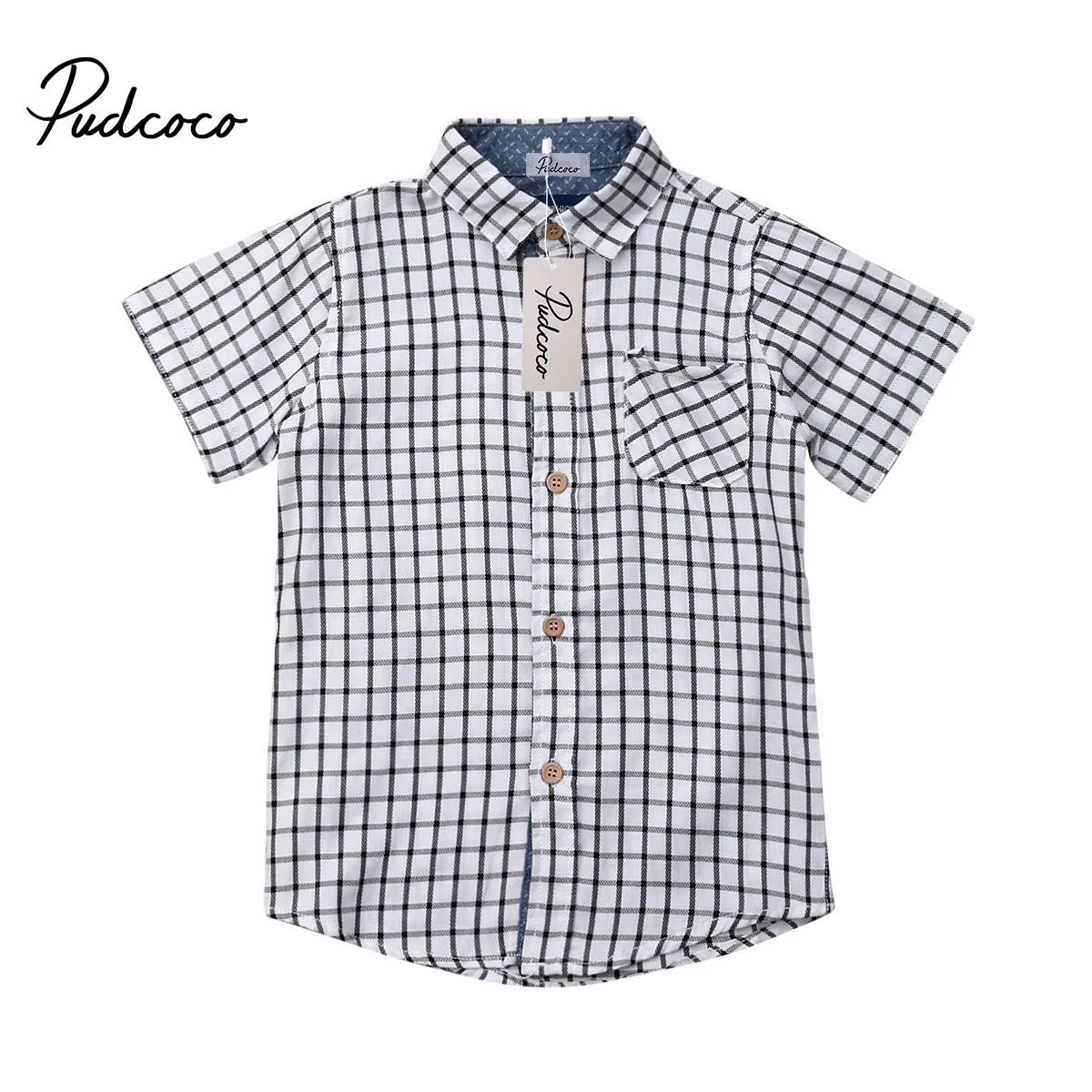 

Pudcoco Toddler Kid Baby Boy Short Sleeve Shirt Children Plaid Clothes Summer