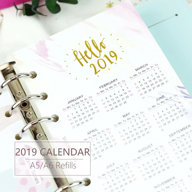

MyPretties 2019 Year Calendar Refill Papers Index Divider for A5 A6 6 Hole Binder Organizer Notebook Papers for Planner