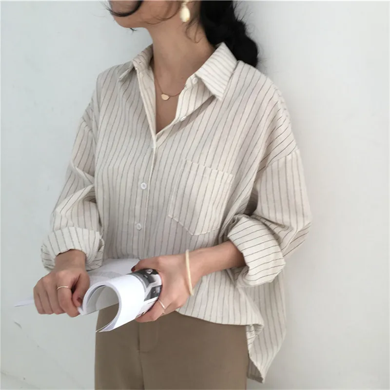 

Lychee Girls Striped Pocket Women Blouses Shirts Long Sleeve Turn Down Collar Female Blouses Spring Autumn Shirts