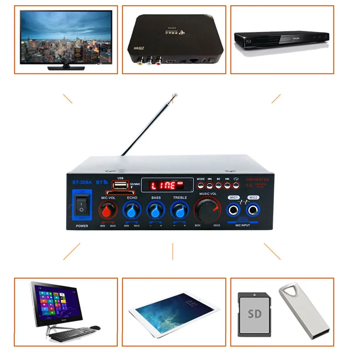 HIFI 2CH 800 Вт аудио домашний усилитель 220 В домашний кинотеатр усилители аудио с пультом дистанционного управления USB sd-карта Bluetooth
