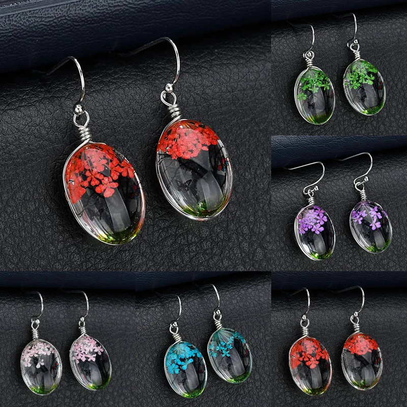 

1Pair Handmade Exquesite Wedding 5 Colors Gifts Seaside Dry Flower Hot Sale Women High Quality Party Glass Drop Earrings
