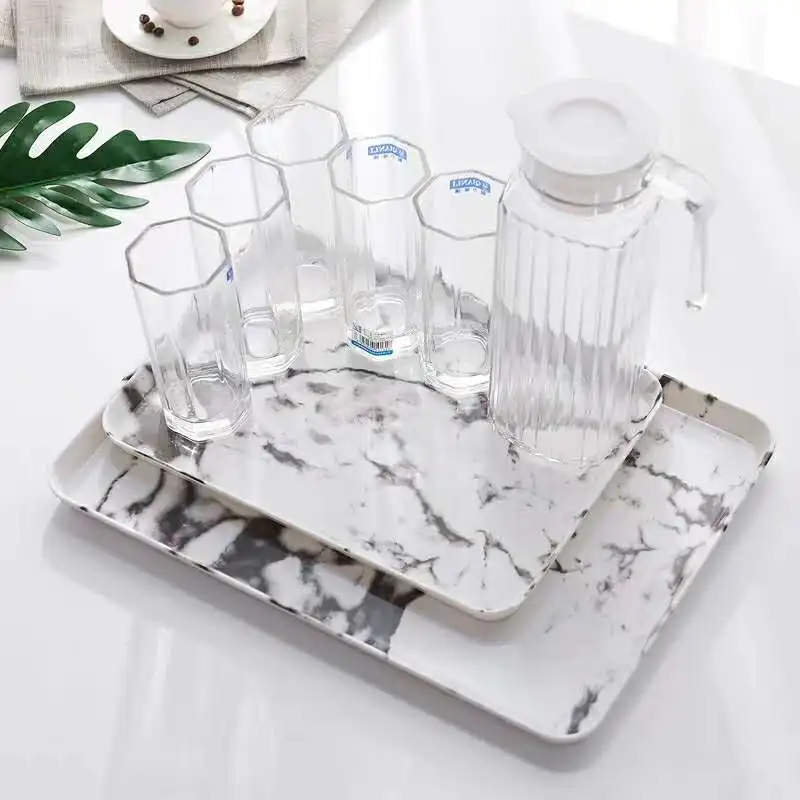 

Plastic Rectangular Simple Bread Breakfast Plate Tea Cup Placement Marble Pattern Melamine Tea Plate Cake Fruit Dish Plate