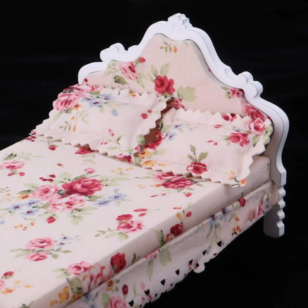 1:12 Scale Dollhouse Bedroom Furniture Wooden Double Bed + Bedside Table Model Miniature Doll House