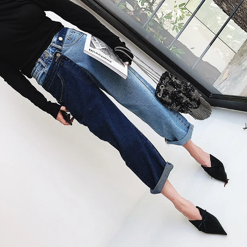 

Fake Two-piece Colour Spliced Jeans Women Autumn 2019 New Korean Version of Hong Kong-style Straight Tube Nine Cents Trousers