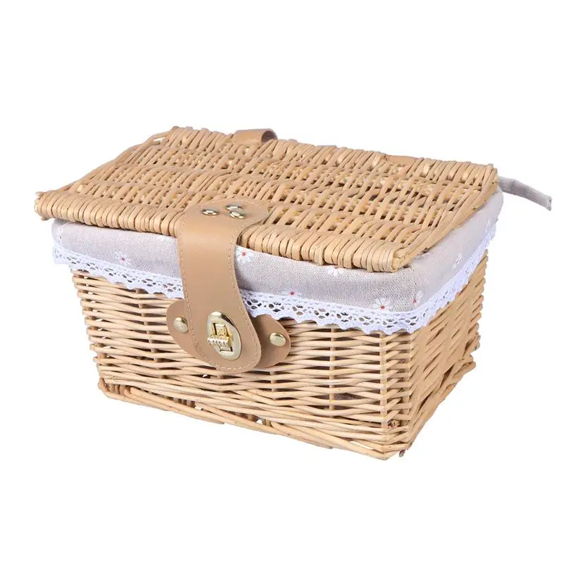 

Rural Style Wicker Storage Box with Lock Creative Fabric Lining Container Case Organizer