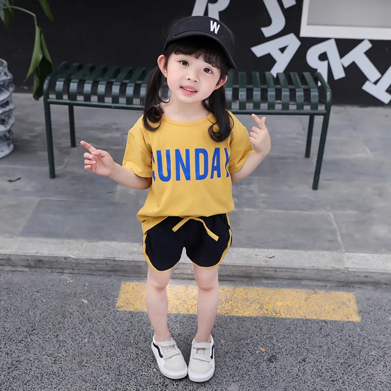 

Children's Clothing 2019 Girls Korean-Style Summer Shorts Set New Style Cotton Short Sleeve College Wind Two-Piece Set