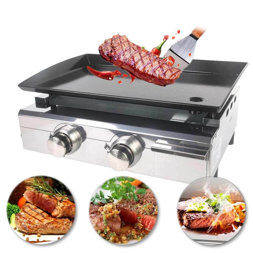 

2 Burners Gas BBQ Grill Gas Griddle Plancha Stainless Steel +Iron Body LPG BBQ Grill Outdoor Barbecue Tools CE