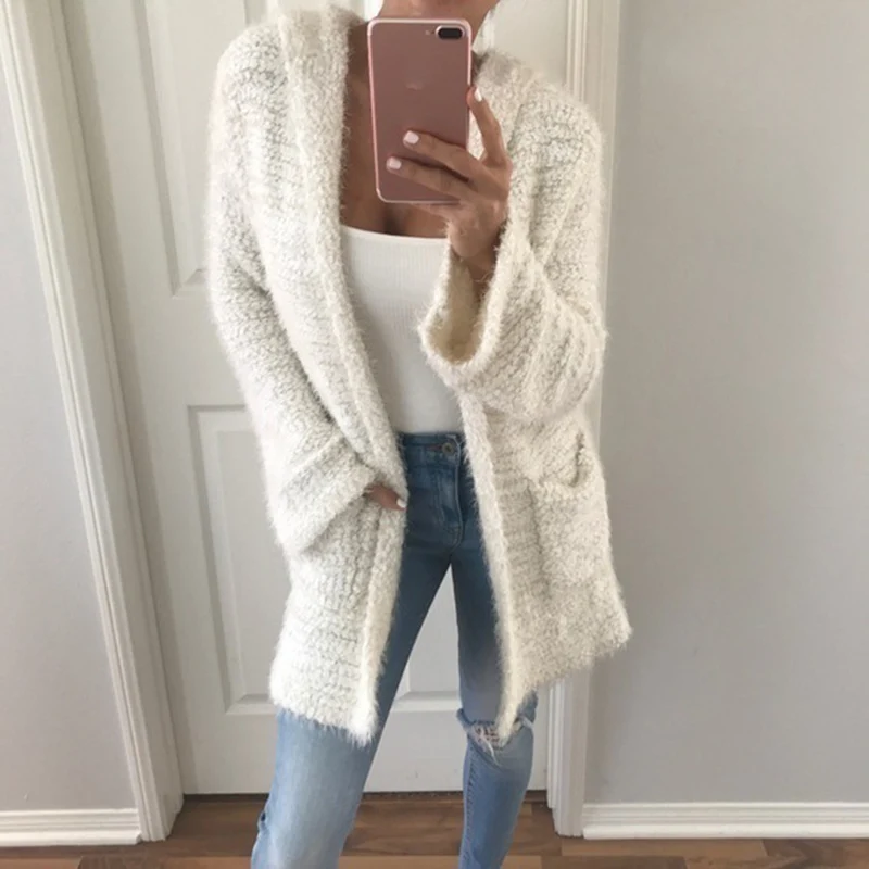 Achat Solide Longue Cardigan Femme À Capuche Automne Hiver Pull Femme décontracté Gilets à manches longues outwear