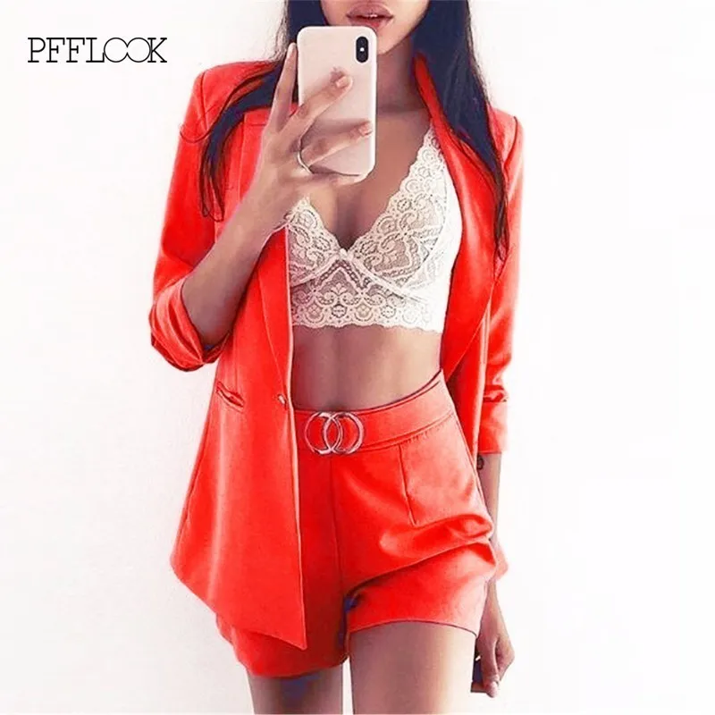 PFFLOOK 2019 أنيقة 2 قطعة مجموعة النساء أزرار الصيف وزرة V الرقبة طويلة الأكمام رداء علوي (توب) مع سروال قصير سيدة الرسمية اثنين من قطعة مجموعة