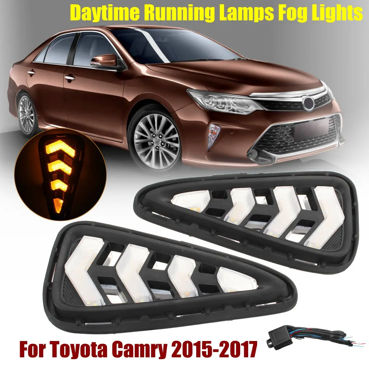 

2Pcs 12V Front LED Car DRL Daytime Running Lamps Light Waterproof 6000k Amber Fog Light for Toyota Camry 2015 2016 2017