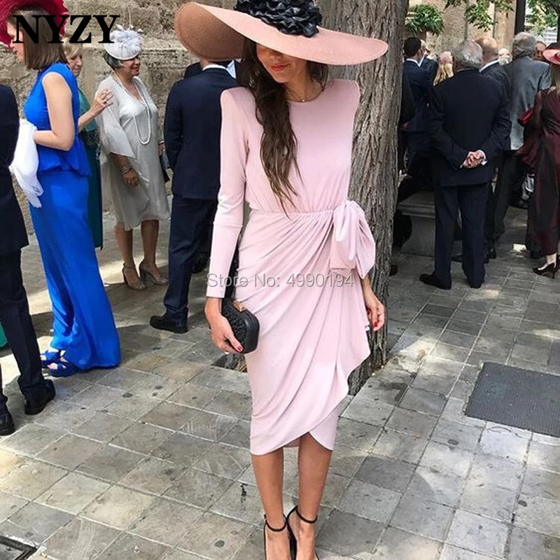 

NYZY M131 Dress Elegant for Wedding Party Guest Wear Lycra Pink Long Sleeves Mother of the Bride Groom Dresses Tea Length 2019