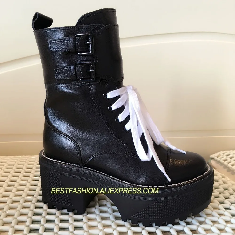 

Hot Autumn Winter Shoes Woman Genuine Leather Lace Up Boots Platform Design Runway Waterproof Knight Boots Calf Boots Mujer
