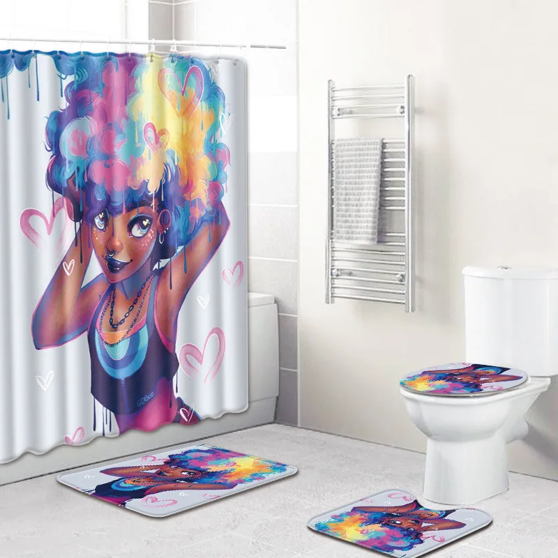 

Curls Sexy Love African Girl Shower Curtain Non-slip Bath Mat Toilet Pad Set Painting Waterproof Fabric Bathroom Curtain Carpet