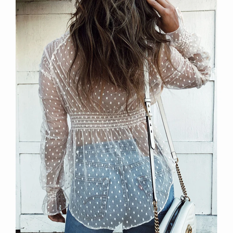 النساء مثير شبكة شير بلوزة قمصان ضئيلة قمم السيدات كم طويل الكشكشة ديب V الرقبة الصلبة عارضة الصيف زي الأزياء جديد 2019