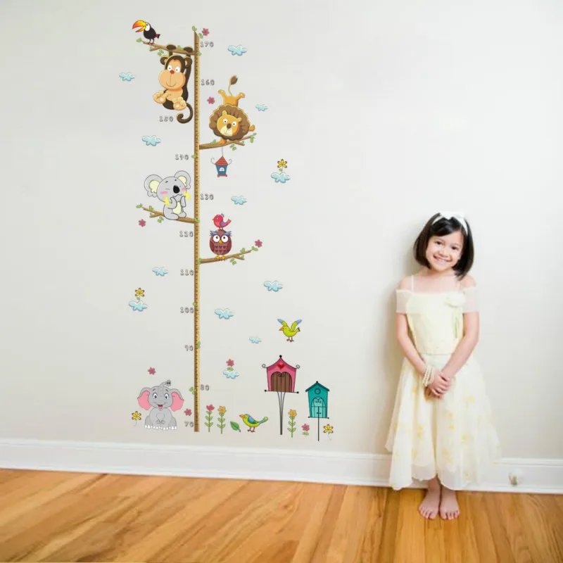 Джунгли животные Лев Обезьяна Сова высота измерения для детских комнат Рост Диаграмма Детская комната Декор стены наклейки искусство