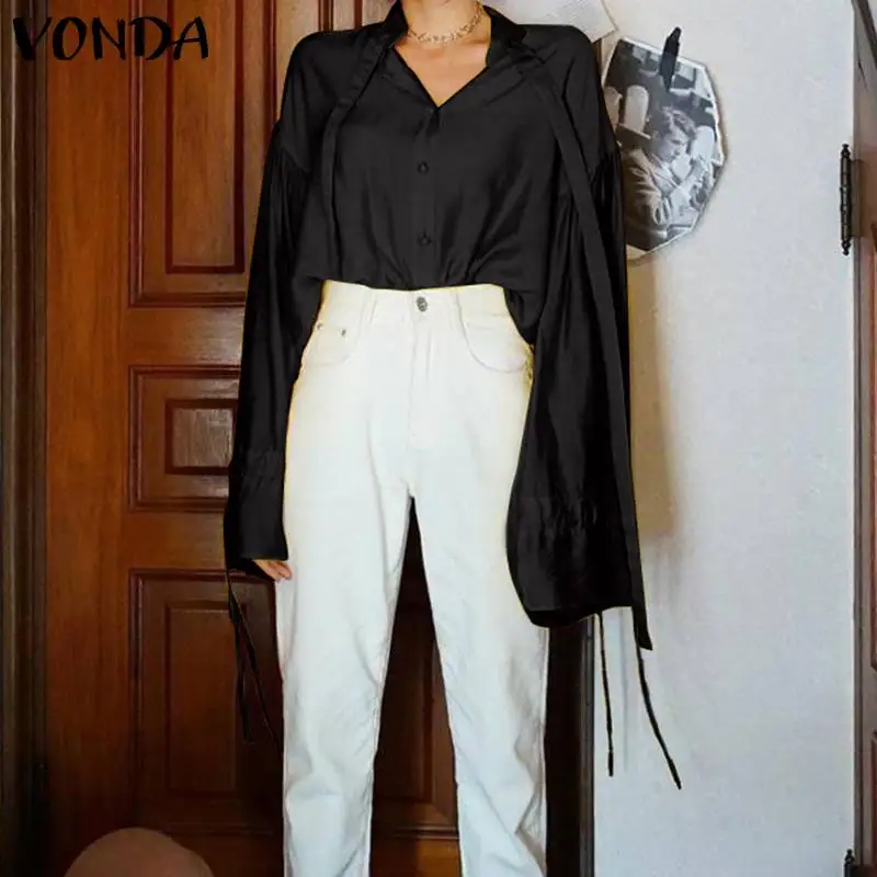 

VONDA Women Blouse 2019 Vintage Lapel Neck Flare Sleeve Solid Office Shirt Casual Loose Blusas Plus Size Sexy Streetwear Top