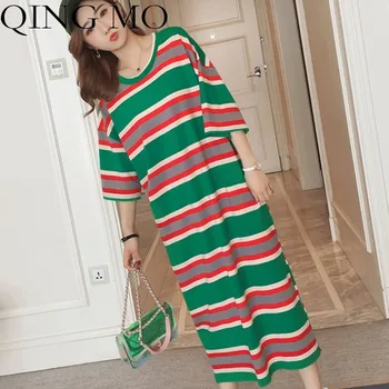 

QING MO Green Stripe Dress Women Half Sleeve Dress 2020 Summer Thin Pure Cotton Tee Shirt Women Oversize Overknee Dress QF785