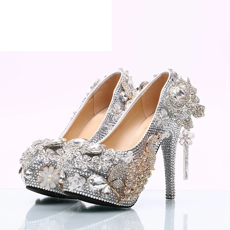 

Gorgeous Silver Rhinestone Wedding Shoes Rose Flower Crystal Wedding Banquet Party Shoes Cinderella Prom Pumps Plus Size 12