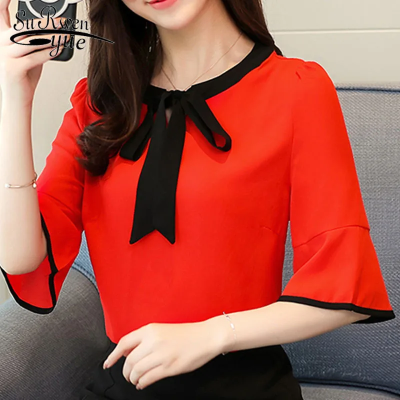 

2019 new summer chiffon women blouse shirt solid office lady casual loose women tops bow flare sleeve female blusas D585 30