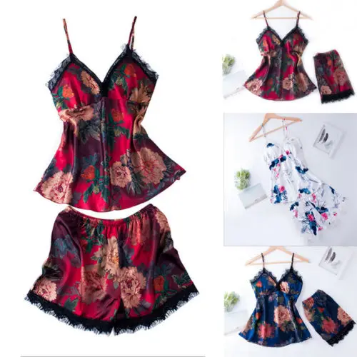 

HIRIGIN Satin Lingerie Robe Sets Nightie Nightwear Night Dress Silk Lace 2pcs Sleep Suit