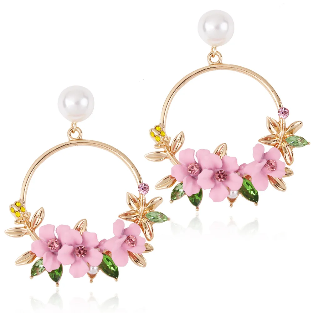 

Elegant Big Circle Flower Drop Earrings For Women Fashion Simulated Pearl Rhinestone