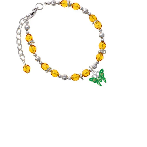 Silvertone Lime Green Butterfly with 2 Crystals Yellow Beaded Bracelet |
