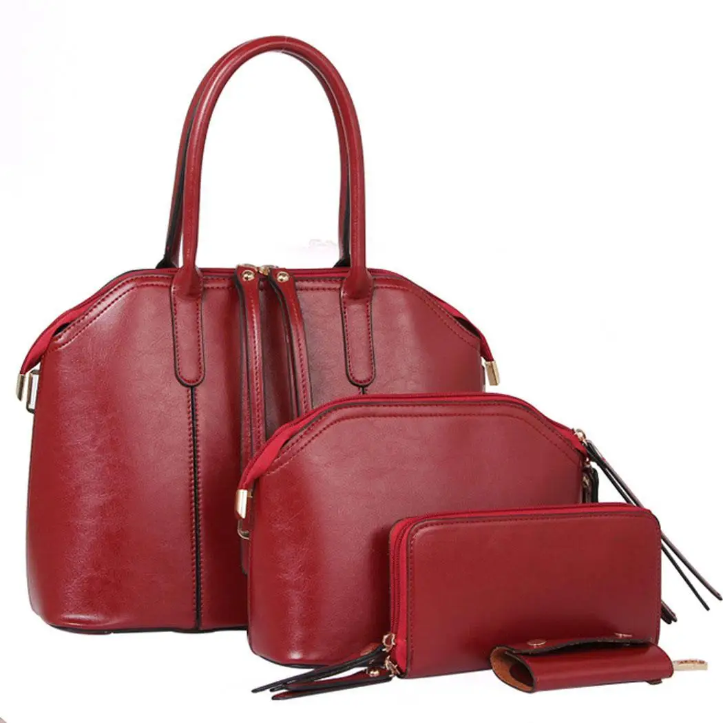 

red Women Wine Bag Composite Solid Bags Zipper Wallet Key Versatile Black Tote Brown Shoulder Fashion 4pcs Handbag Bag