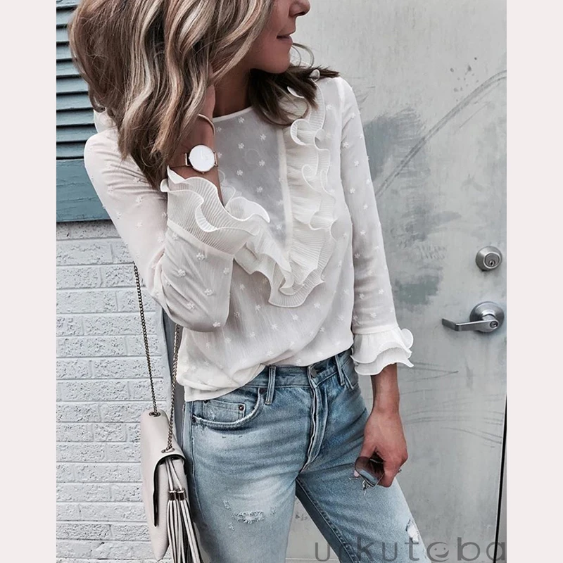 

Women's Summer Long Sleeve Blouse Shirt Ladies Office Chiffon Tops